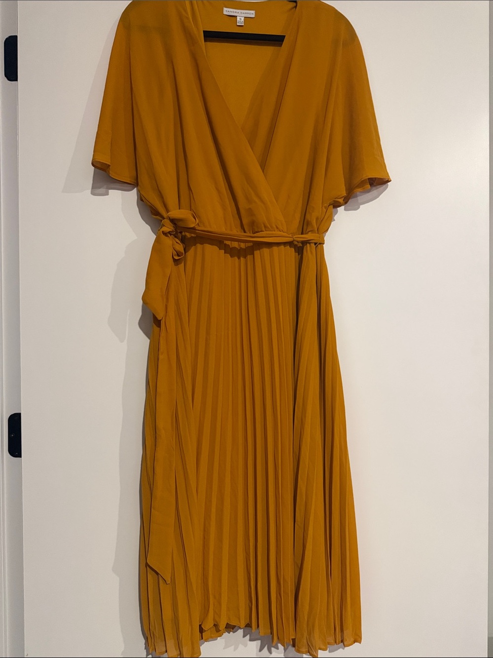 Sandra Darren Pleated Wrap Midi Dress in Mustard